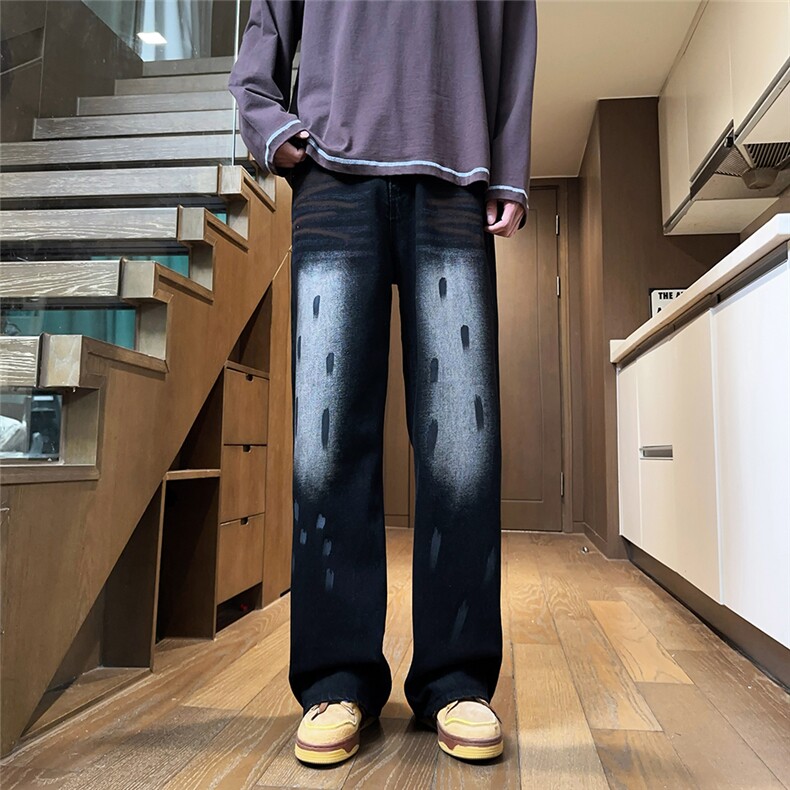 美式嘻哈涂鸦痞·帅牛仔裤男宽松显瘦慵懒垂感阔腿裤货号9075-P44,男装牛仔裤,星座302A-2