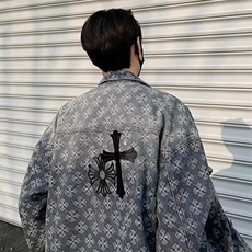 W363-P75美式复古设计感牛仔外套男士025春秋款宽松显瘦满印，男装工装外套，电商B323A