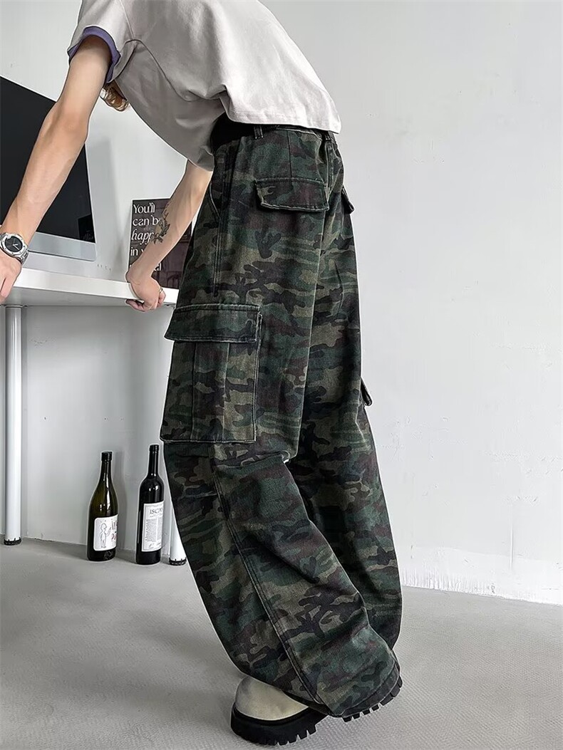美式复古褶皱多口袋迷彩工装牛仔裤男高街潮牌显瘦堆积感拖地裤子,男装牛仔裤,星座410-6（原星座1304-1）