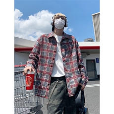 美式复古晕染格子衬衫男长袖高级感慵懒宽松外套C2260-特价P35，男装衬衫，电商A007
