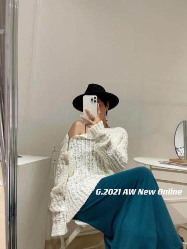 秋季新款领口拉链设计毛毛针织套头毛衣，女装针织衫/毛衣，G