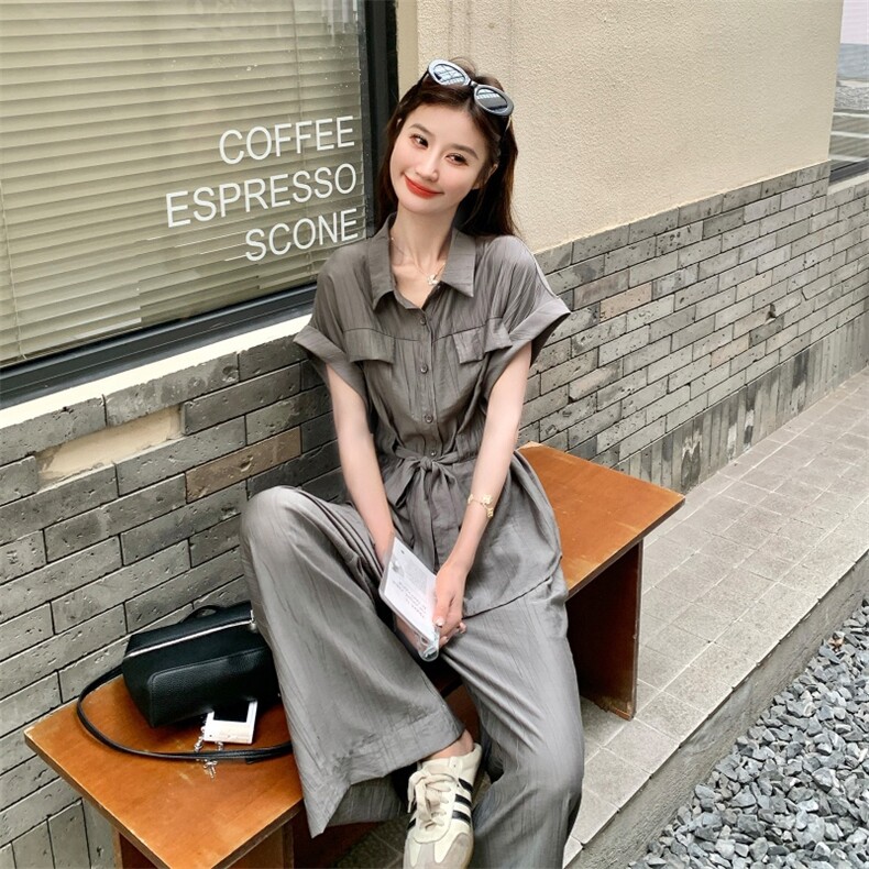灰色衬衫套装女时尚高级感宽松阔腿裤两件套223-1376P145K218,女装套装/套裙,莘蕾