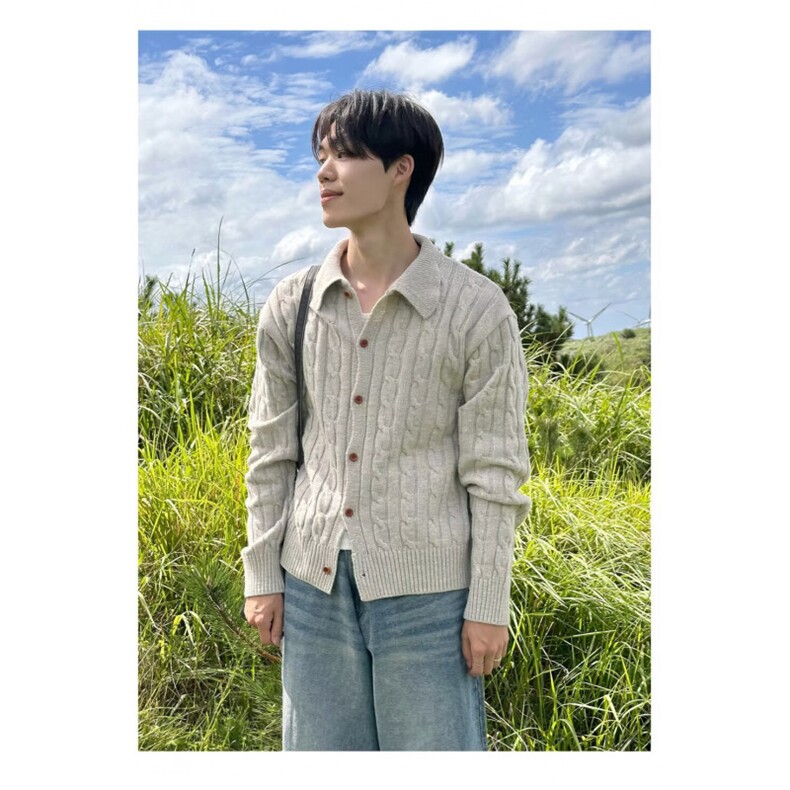 新款开衫毛衣美式复古慵懒风V领针织衫男纯色外套513AKS2597P52,男装针织衫/毛衣,星座513A