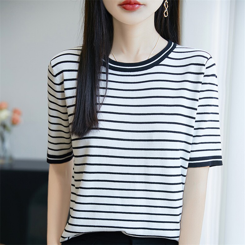 休闲条纹短袖t恤女夏季2025新款打底衫洋气大码女装冰丝针织上衣,女装T恤,皓宇羊绒