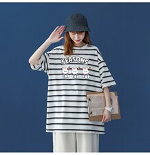 中性夏季条纹撞色印花卡通图案圆领情侣短袖T恤T864P35控48，女装T恤，A247A