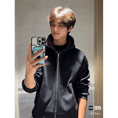 网图短款撞色刺绣双拉链开衫卫衣男女潮牌情侣连帽休闲外套P60，女装短外套，电商C306-1