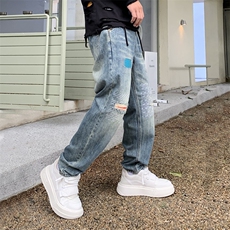 B230档2025秋冬新款破洞撞色补丁刺绣哈伦牛仔裤男9056P100，男装牛仔裤，电商B230