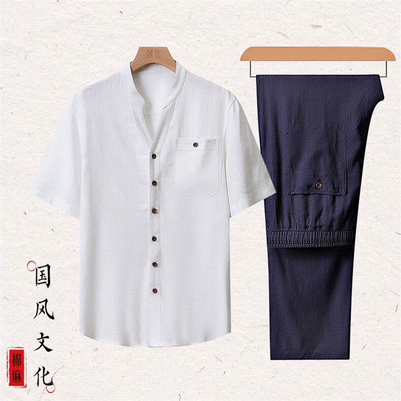 主推！棉麻套装2024新款夏季风亚麻短袖T恤休闲长裤套装,男装T恤,钱塘6003（原4033）
