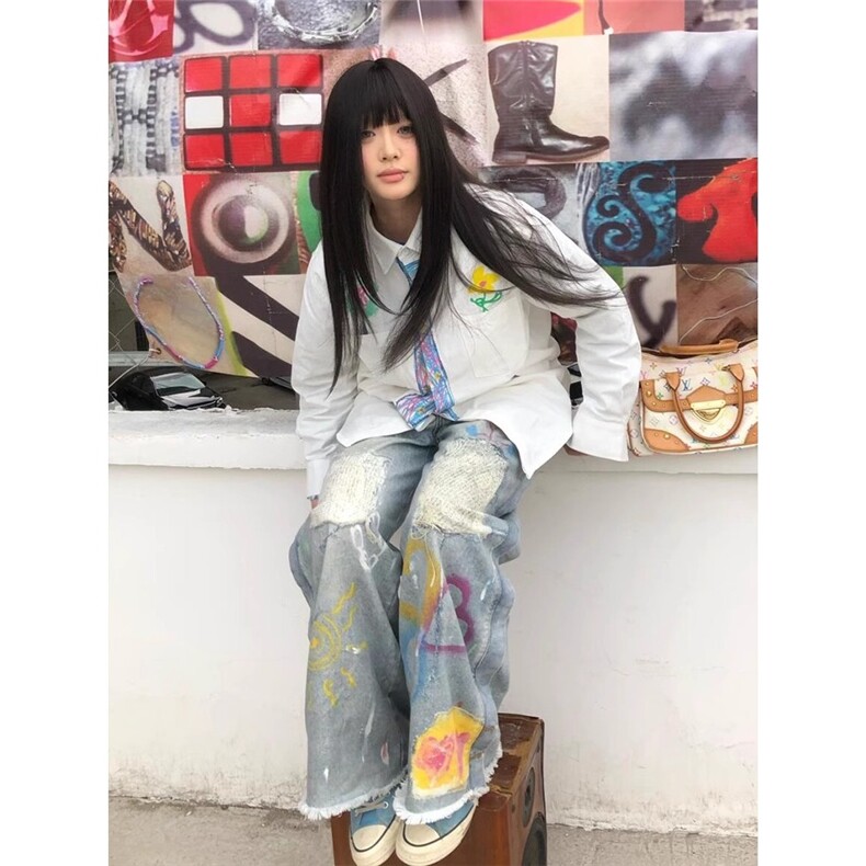 手绘领带白色衬衫设计学院风衬衣2025春夏季ins外套CY1087-P40,男装衬衫,星座412-1