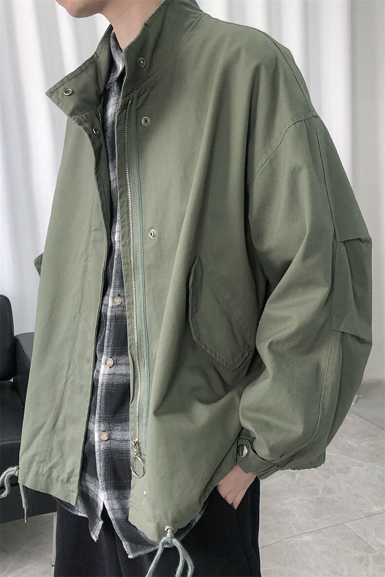 现货水洗棉立领夹克韩版宽松工装休闲外套港风抽绳A114-P90,男装夹克,电商A351