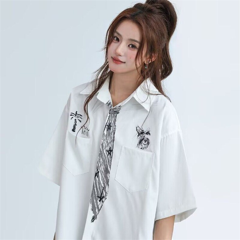 设计感领带涂鸦白色衬衫短袖男女夏季趣味半袖开衫衬衣潮CS384,男装T恤,星座302B-2