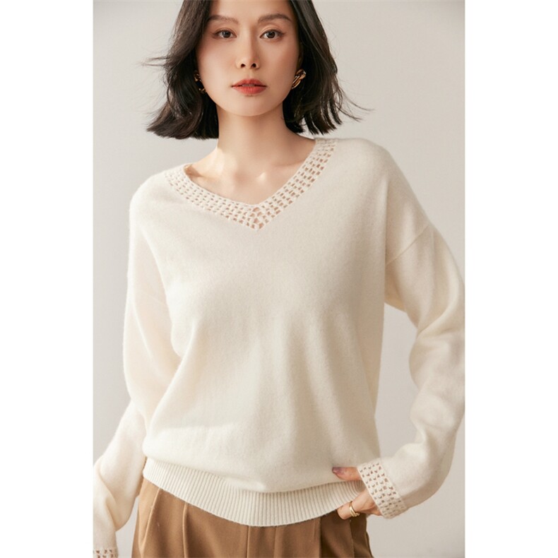 新款v领纯色针织衫简约百搭套头上衣女，女装针织衫/毛衣，鸥蕊娅羊绒