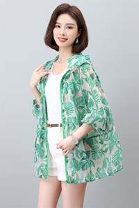 连帽印花中长防晒衫女宽松2026夏季新款松紧腰长袖薄款外套空调衫图片
