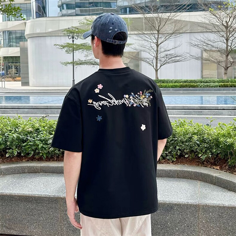 万针全刺绣工艺抖音得物高品质260克重磅纯棉双纱美式高街短袖T恤,男装T恤,电商A486
