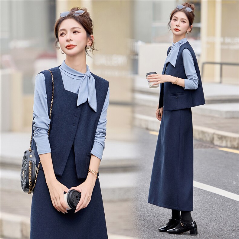 轻熟风通勤职业套装裙女2025秋季蝴蝶结气质衬衫马甲半身裙三件套,女装套装/套裙,意芙