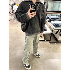 重磅北极绒假两件衬衫领毛衣美式高街复古休闲慵懒纯色翻领针织衫图片