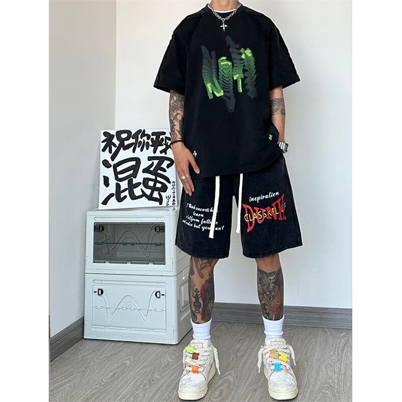 纯棉320G重磅水洗做旧印花短裤A014-DY2372-P50控68图片