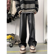 1秋冬直筒显瘦黑色PU皮皮裤宽松百搭阔腿裤男XZ211-1-K2349-P65，男装皮裤，星座211-1