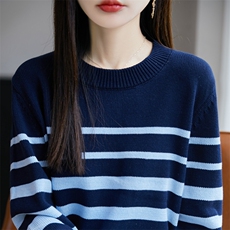 秋新款100%全棉条纹针织衫女圆领宽松洋气打底衫时尚拼色纯棉毛衣，女装针织衫/毛衣，长今羊