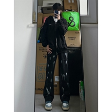 黑色扎染牛仔裤男款春秋季宽松直筒微喇休闲长裤美式高街vibe裤子，男装牛仔裤，电商B221
