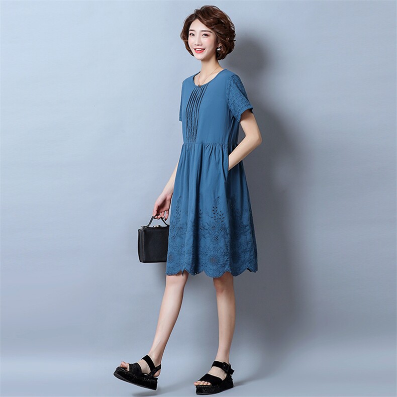 2021年夏季圆领纯色宽松腰时尚印花短袖简约百搭淑女中长款,女装连衣裙,独衣靓