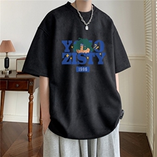 ！24夏季新款宽松大码港风蓝色字母麂皮绒T恤TJ23156-特p19，男装T恤，星座508（原C305）