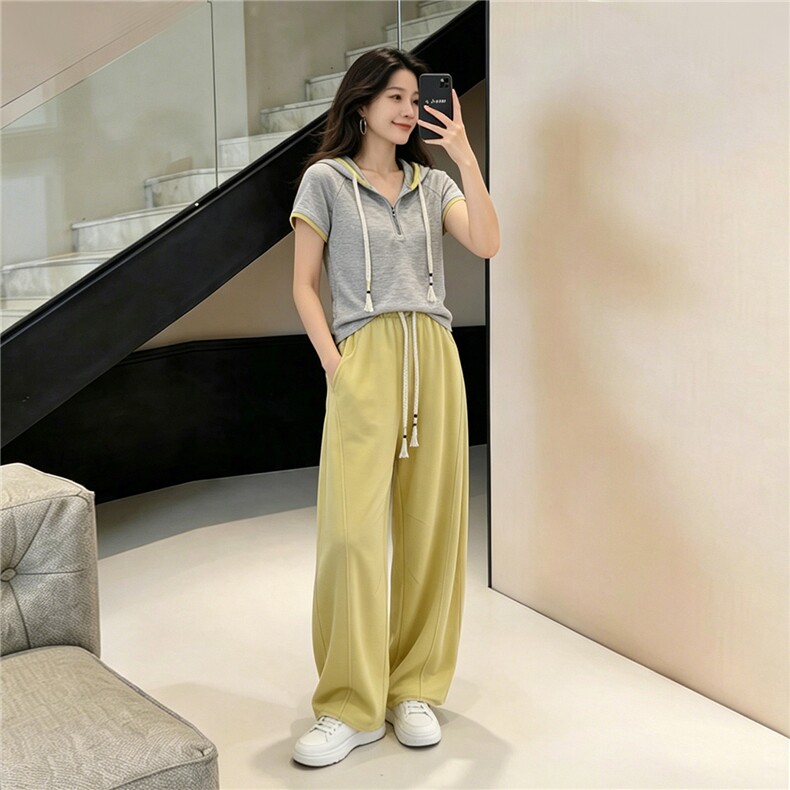 女夏季高级感休闲运动套装撞色拼接抽绳连帽短袖卫衣阔腿裤两件套,女装套装/套裙,江南