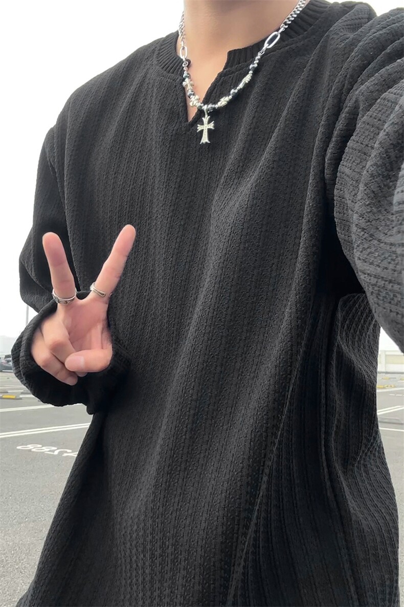 270g潮流鱼骨纹V领长袖T恤男小香风宽松打底衫T24550-特P28控58,男装T恤,电商A001-1