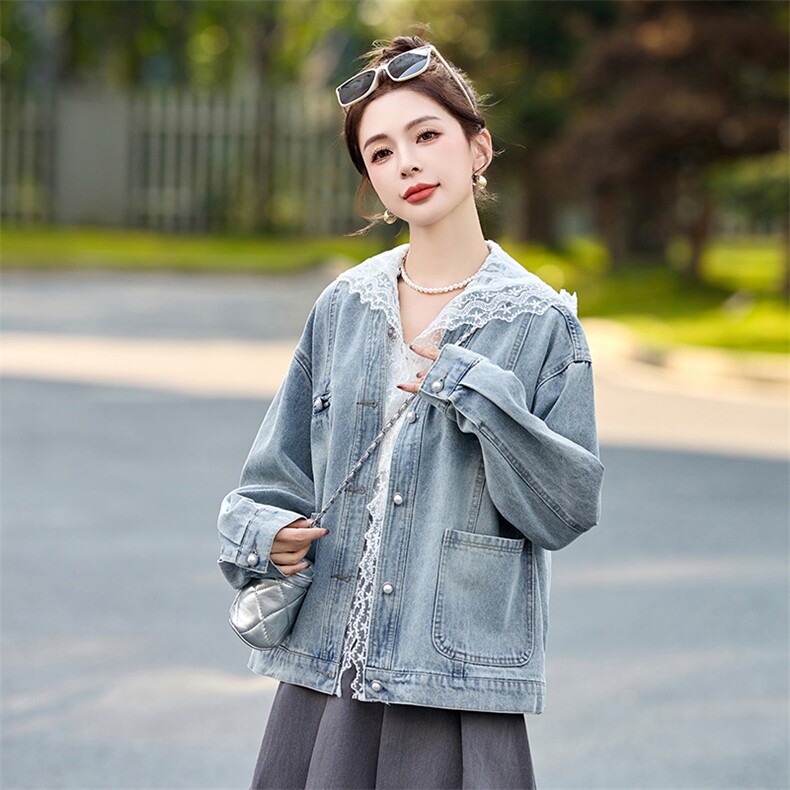 蕾丝拼接连帽牛仔外套女2025早春新款韩版设计感宽松百搭爆款上衣,女装短外套,韩然一族