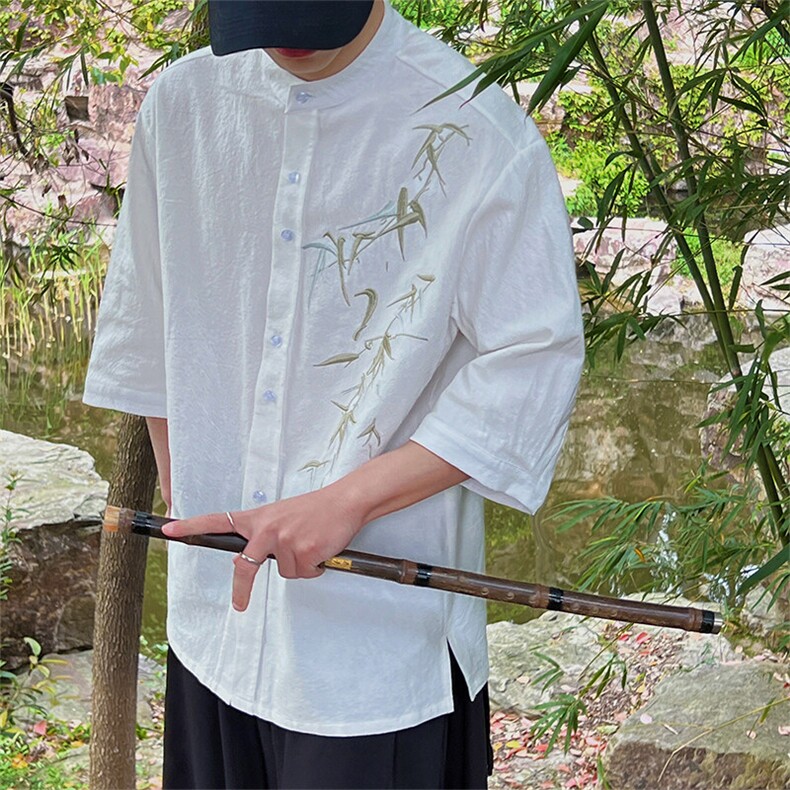 现货夏季新中式男士大码竹叶刺绣百搭短袖衬衫T29-P65,男装T恤,电商A021