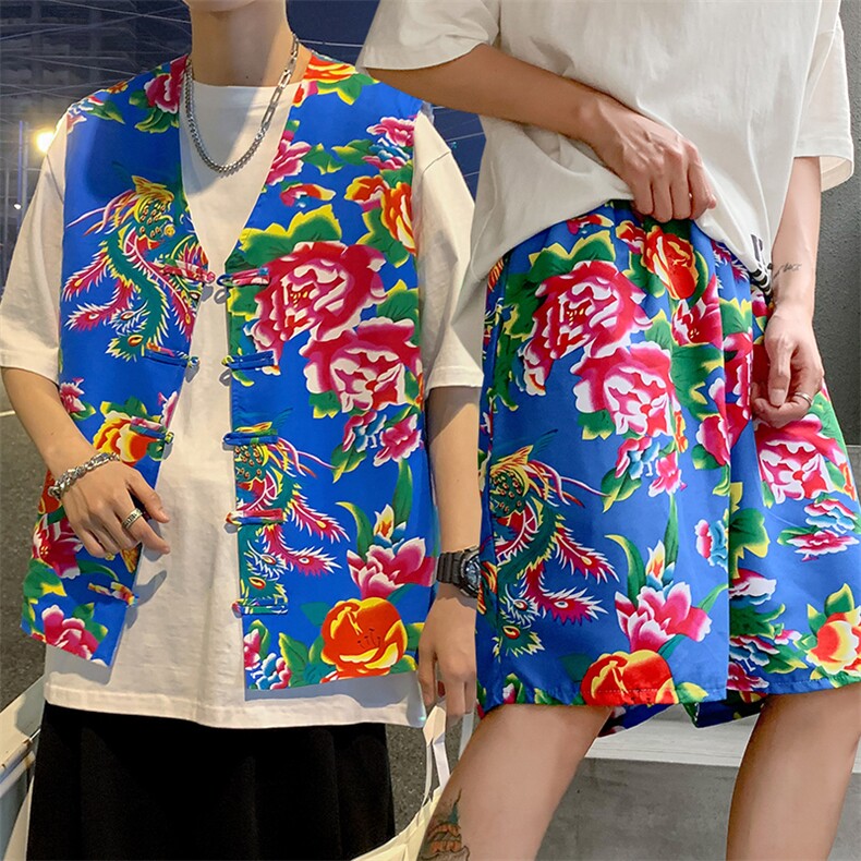 TZ02东北大花民族风风马甲短裤套装大码抖音网红同款汉服男女,男装休闲套装,星座115A(原星座507）