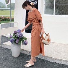 橘色轻熟风法式束腰衬衫连衣裙女夏2025新款高级感简约风开叉长裙，女装连衣裙，天使之佳话