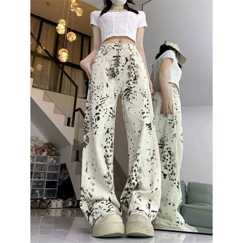AK2470-P50美式新款复古阔腿拖地辣妹高街男女宽松豹纹牛仔裤，女装休闲裤，星座617A-2
