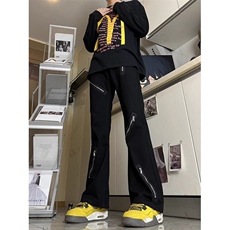 美式高街暗黑宽松微喇叭黑色牛仔裤多拉链小众设计感男女休闲裤子，男装牛仔裤，星座506A
