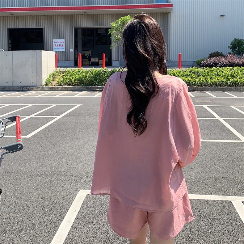 粉色休闲减龄套装女夏季2025年新款小个子薄款圆领上衣短裤两件套,女装套装/套裙,2C292
