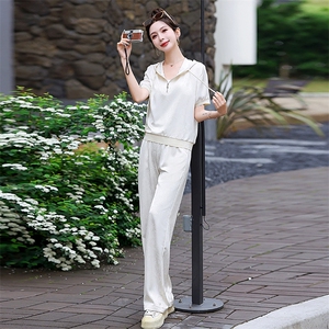 时尚套装女夏2025新款韩版提花冰丝宽松显瘦洋气减龄连帽两件套潮图片