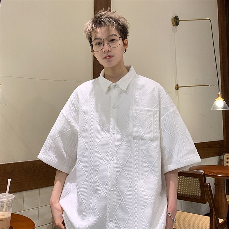 2026夏装翻领短袖衬衫大码男纹理提花衬衣菱形格CS220/P35白色2,男装衬衫,电商A094