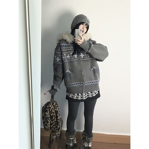 重磅北极绒座山雕毛衣外套冬美式复古休闲慵懒风大毛毛领针织开衫图片