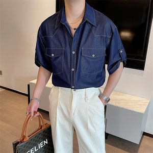 夏季新款垂感抗皱天丝牛仔短袖衬衫男宽松痞帅半袖衬衣CS871-P68,白色简单大方搭配图片