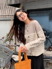 时尚条纹长袖针织开衫女宽松百搭拼色休闲外套上衣，女装针织衫/毛衣，沐策羊绒
