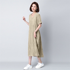 夏季新款苎麻连衣裙宽松V领显瘦长裙853，女装连衣裙，秋牧寒烟