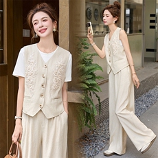 现货可推2025夏装新款气质棉麻刺绣垂感透气两件套裤女，女装套装/套裙，然然