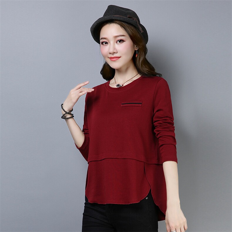 蕾丝衫/雪纺衫2021年春季圆领简约个性长袖纯色修身显瘦百搭潮流，女装蕾丝衫/雪纺衫，独衣靓