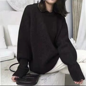 2025秋冬重磅加厚圆领羊绒衫女宽松慵懒风针织羊毛打底衫大码毛衣图片