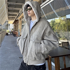 韩版重磅加绒连帽仿水貂毛棉服老钱座山雕牛仔棉衣外套，男装棉衣，电商C307