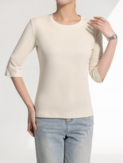 女新圆领80支丝光棉七分袖短袖夏上衣休闲凉感纯色T恤气质潮中袖，女装T恤，元素羊绒