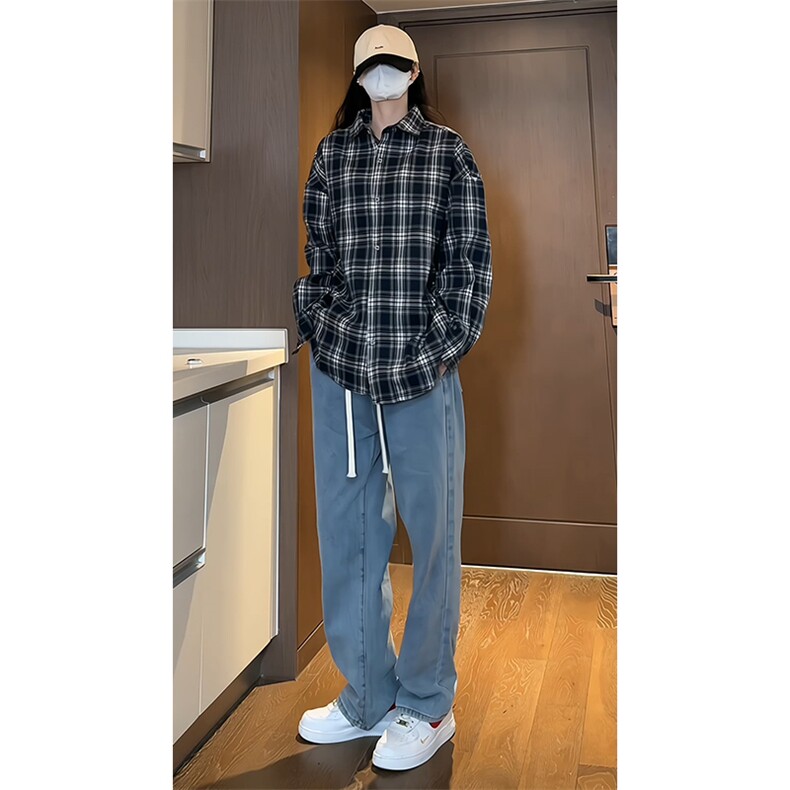 春季款日系格子衬衫男长袖潮牌宽松高级感青少年痞帅休闲外套上衣,男装衬衫,电商A022