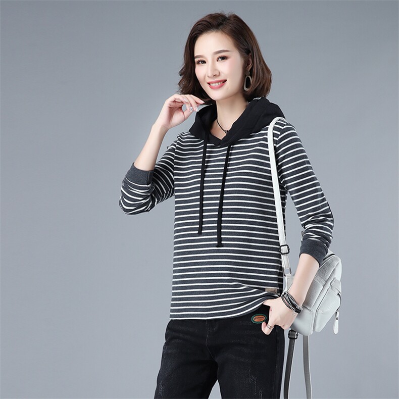 时尚条纹连帽卫衣春秋新款宽松显瘦长袖上衣，女装卫衣/绒衫，秋牧寒烟