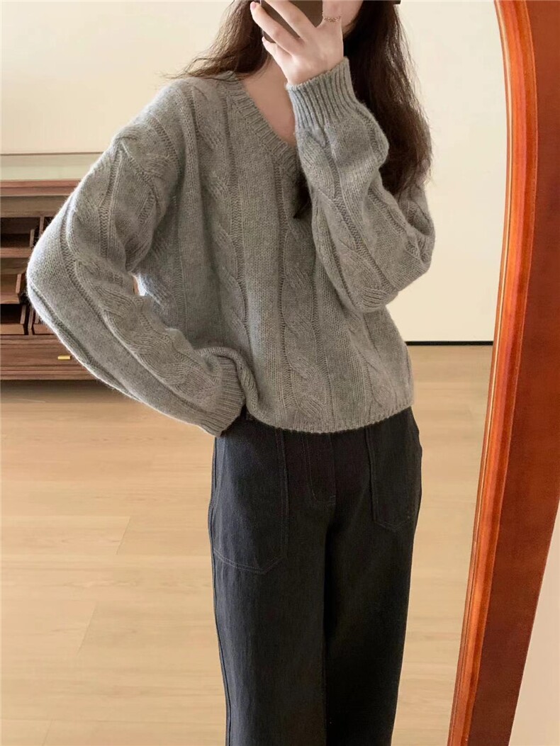 复古麻花纹宽松显瘦针织衫百搭圆领长袖毛衣时尚气质女装,针织衫/毛衣,半城羊绒