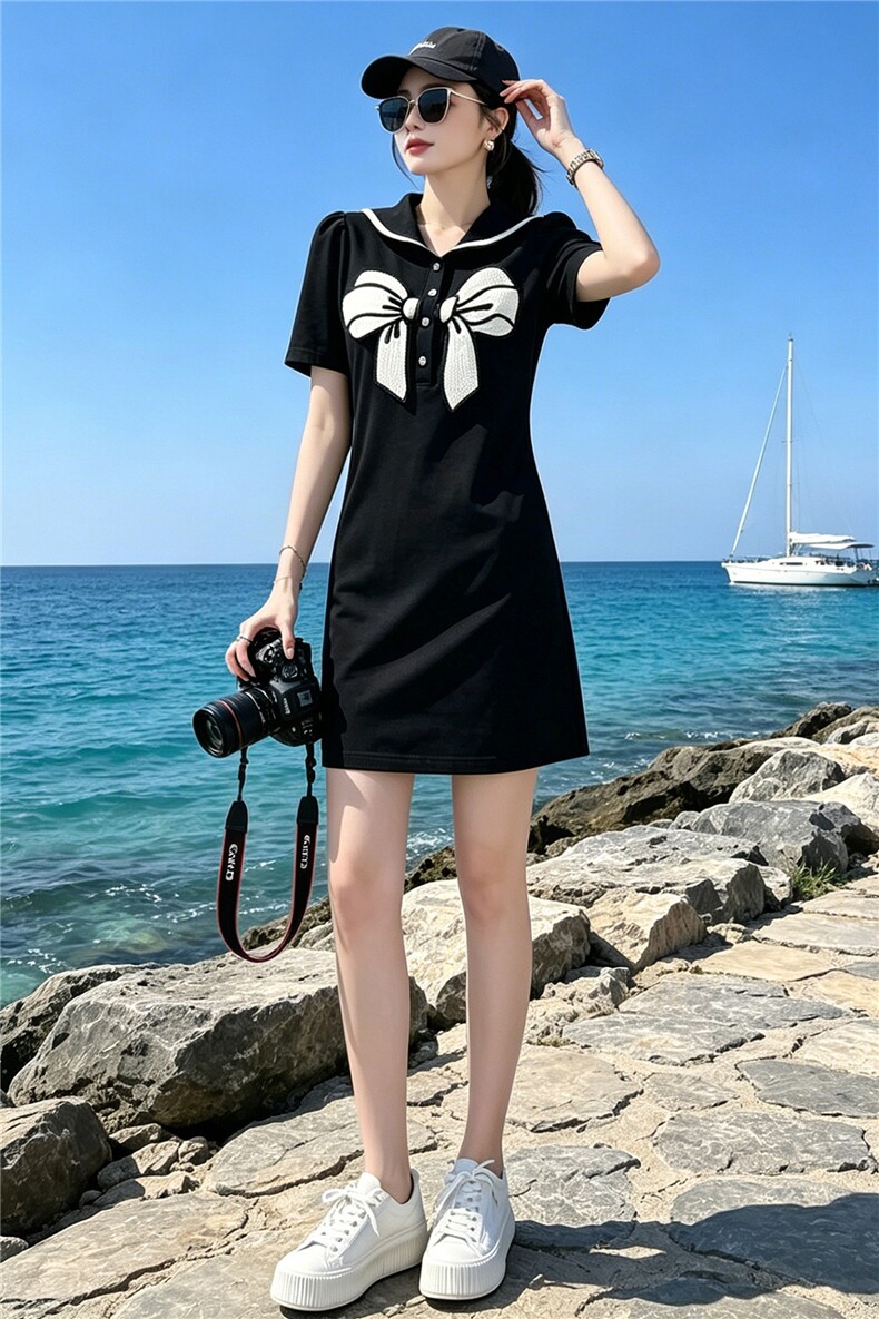时尚重工拼色蝴蝶节黑色连衣裙夏季新款气质显瘦中长款A字裙潮流,女装连衣裙,江南